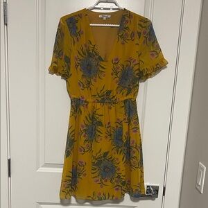 Madewell Mustard Floral V-Neck Mini Dress